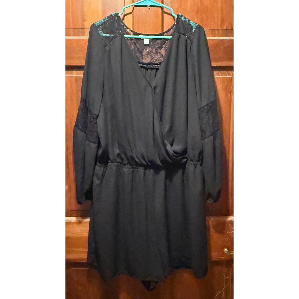 Boutique+ Black Lace Panel Long Sleeve Surplice Romper Plus Size 1X